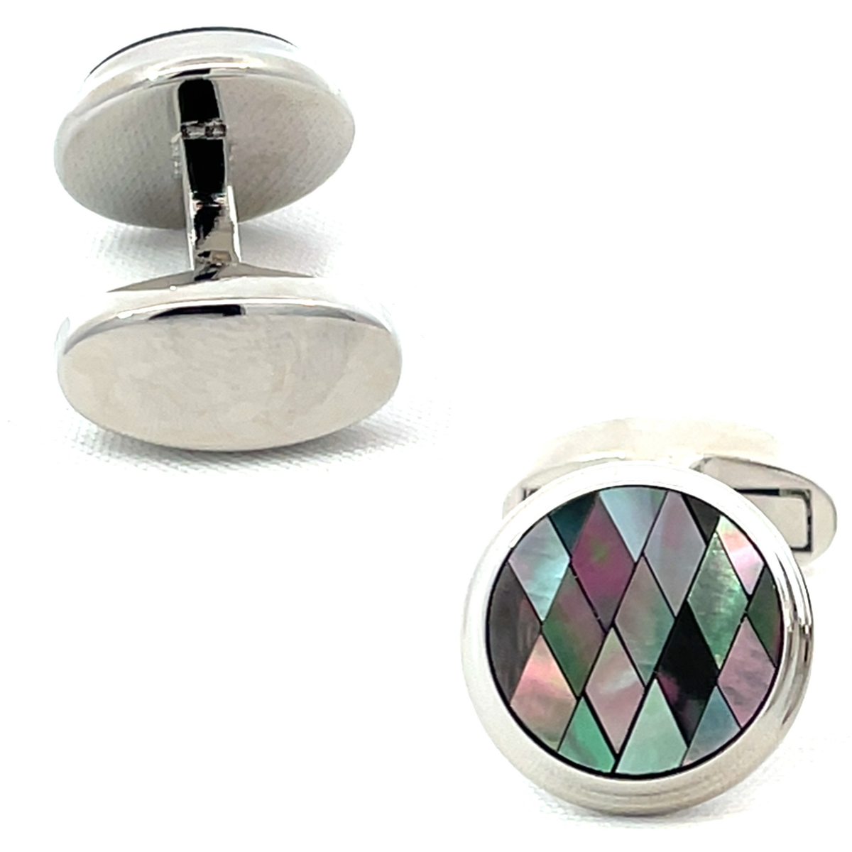 Black Diamond Mosaic Mother of Pearl in Round Silver Cufflinks