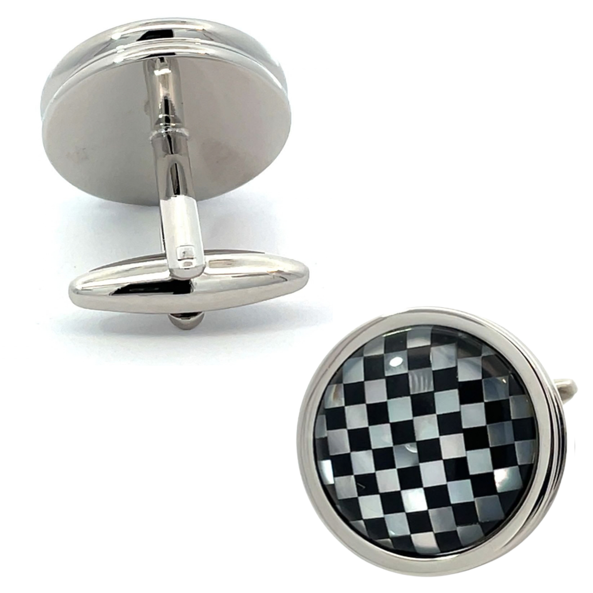 Mother of Pearl and Black Checkerboard in Round Silver Cufflinks