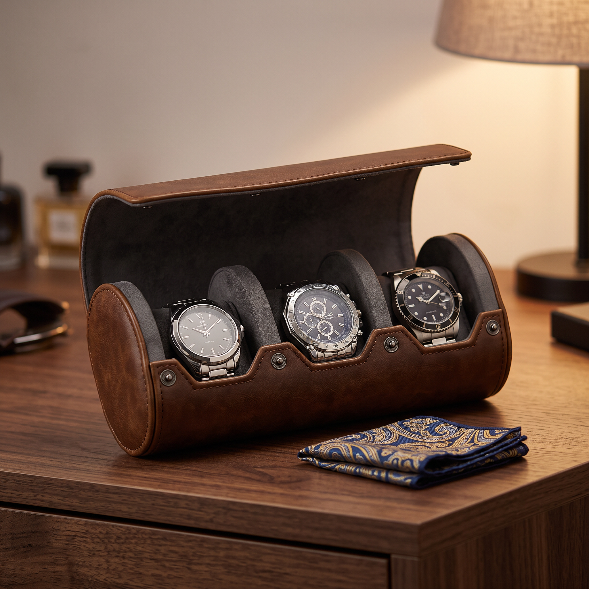 Watch Roll Case for 3 in Brown Vegan Leather — lifestyle shot