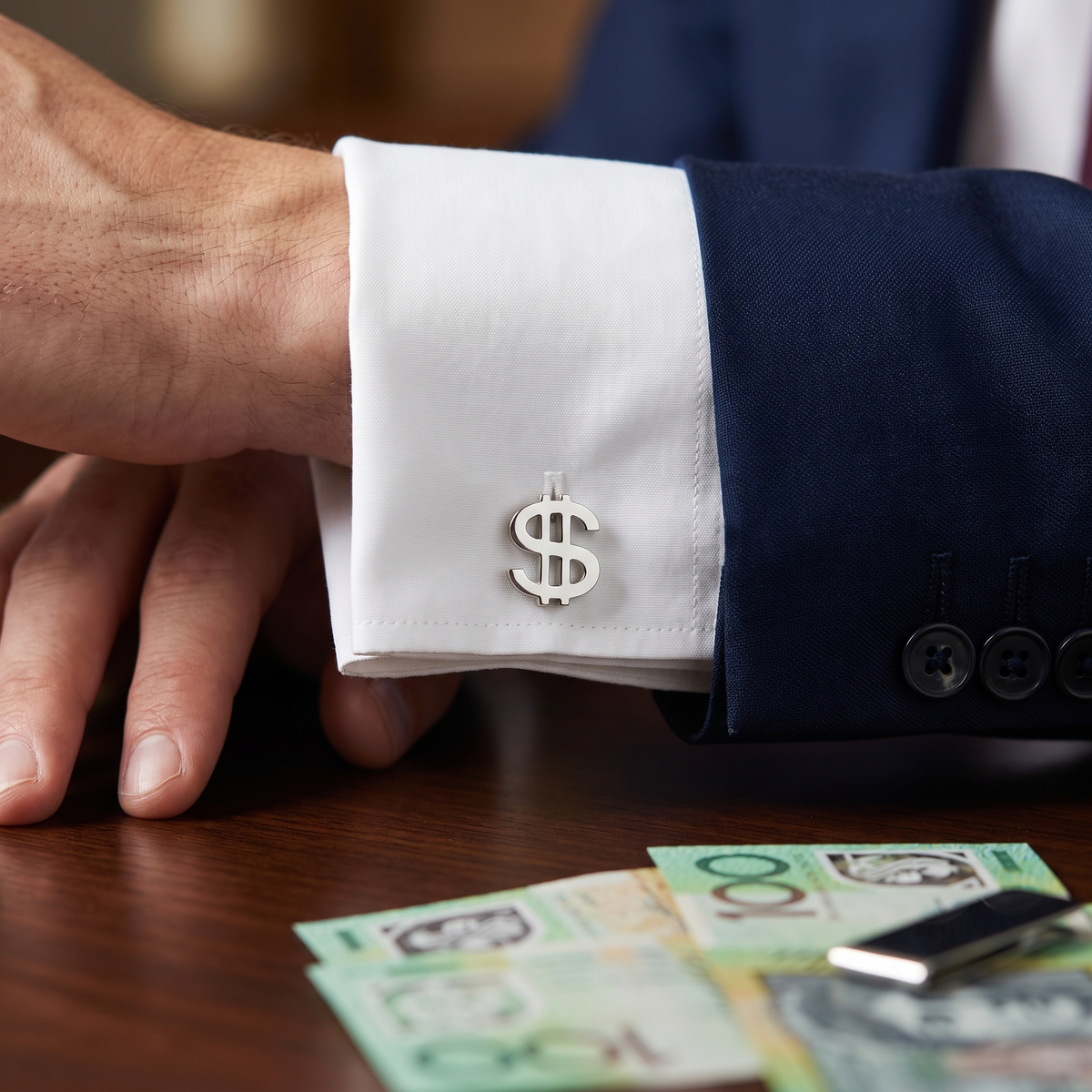 "$" Silver Dollar Sign Cufflinks — lifestyle shot