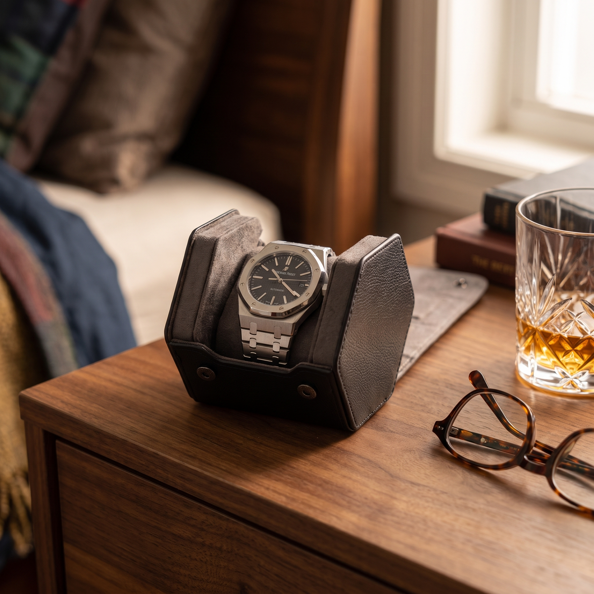 Hex Leather Watch Roll 1 Slot in Black/Charcoal — lifestyle shot