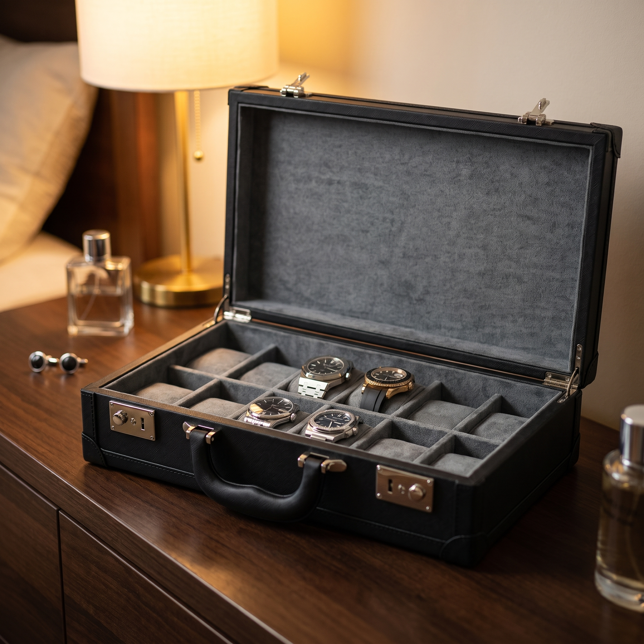 12 Slots Black Leather Watch Case — lifestyle shot