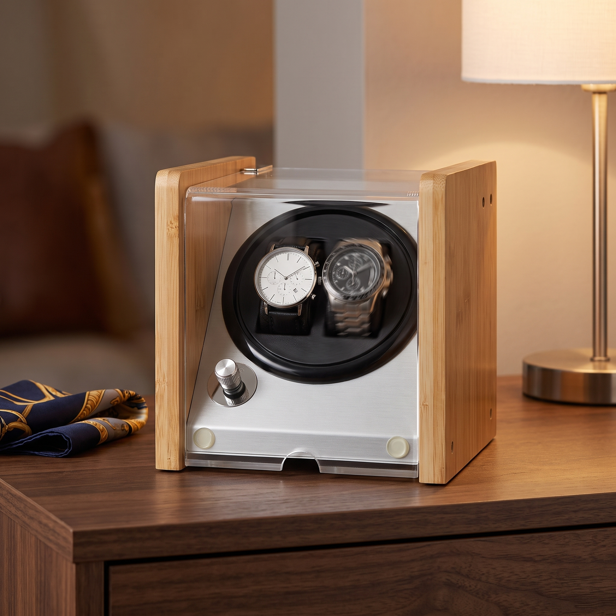 BLAQ Watch Winder Box 2 Watches in Aluminum & Bamboo — lifestyle shot