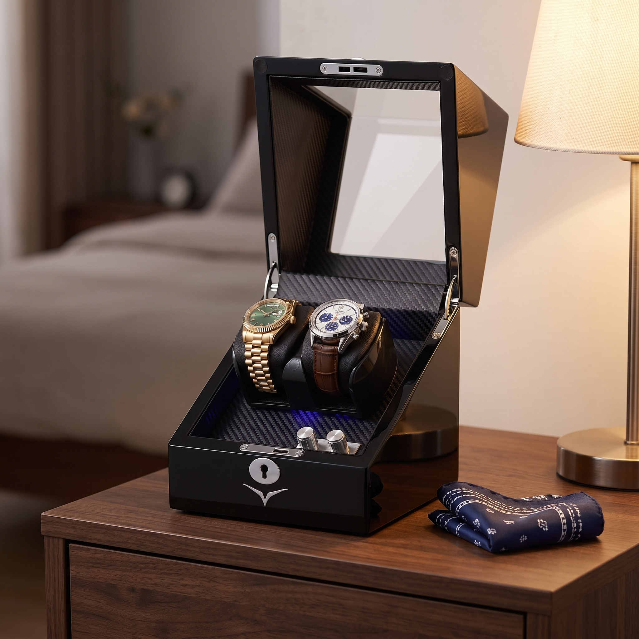 Lindeman Black Watch Winder Box for 2 Watches (Single Rotor) — lifestyle shot