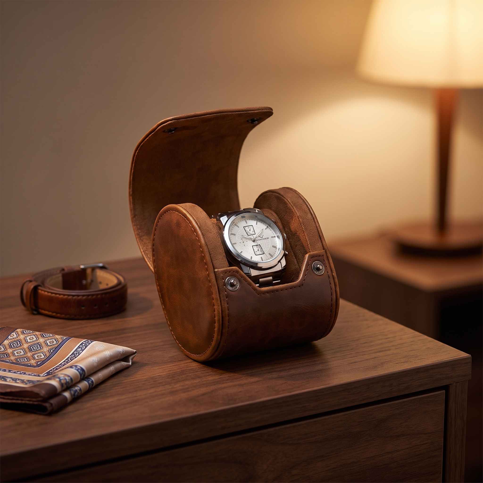 Travel Watch Roll Case for 1 in Brown Vegan Leather — lifestyle shot