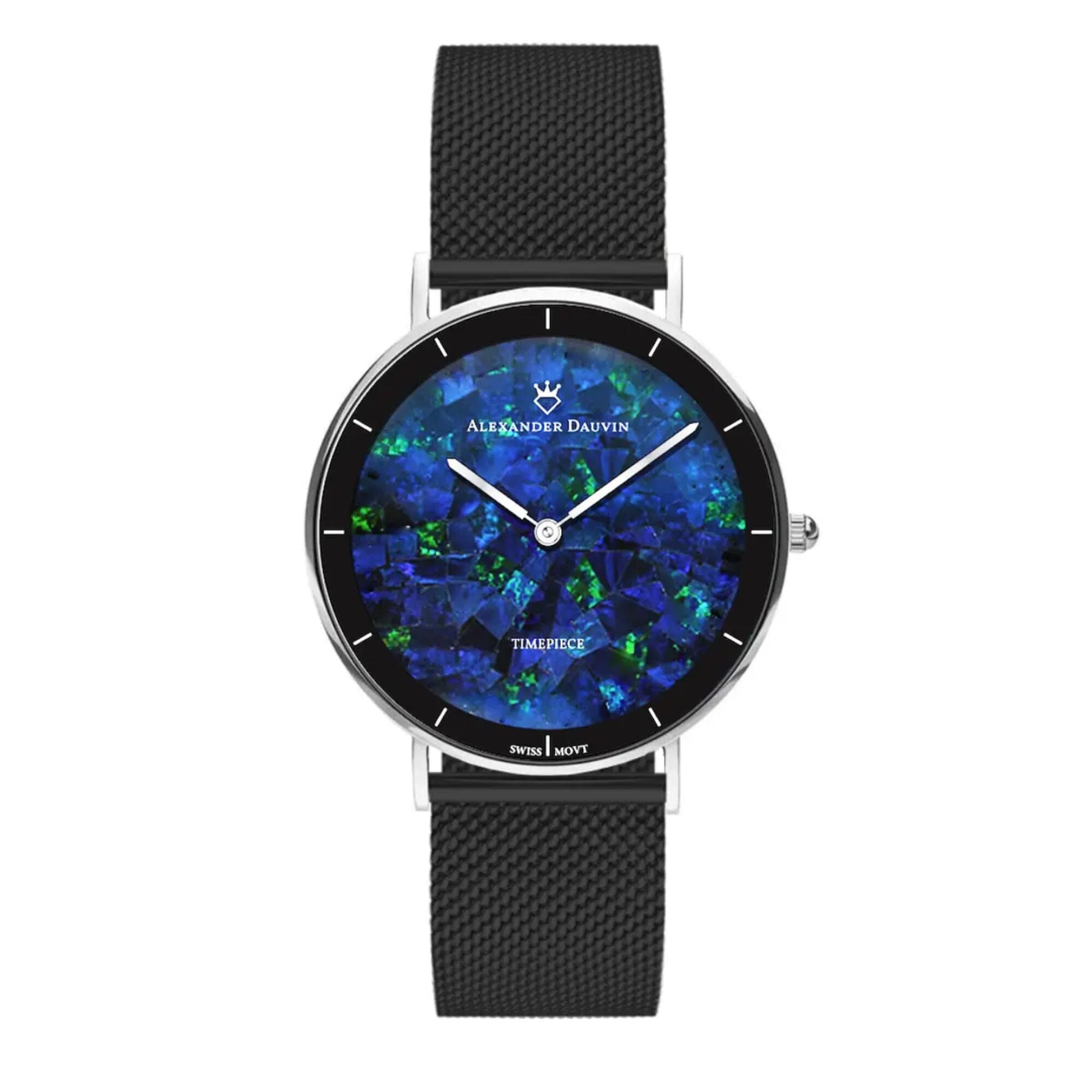 Gatsby Cliff Blue Swiss Opal Watch 36MM with Black Mesh Strap Watches Clinks