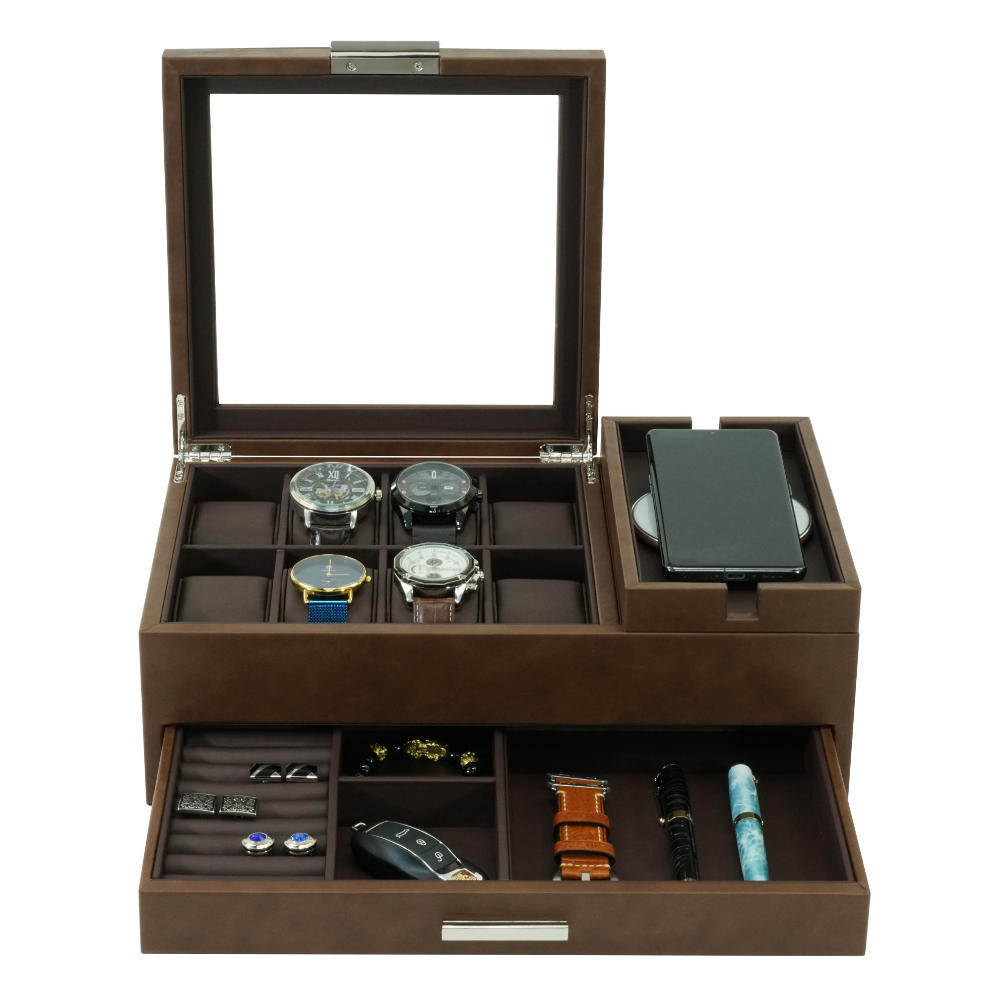 8 Slots Watch Box with Valet and Drawer in Brown