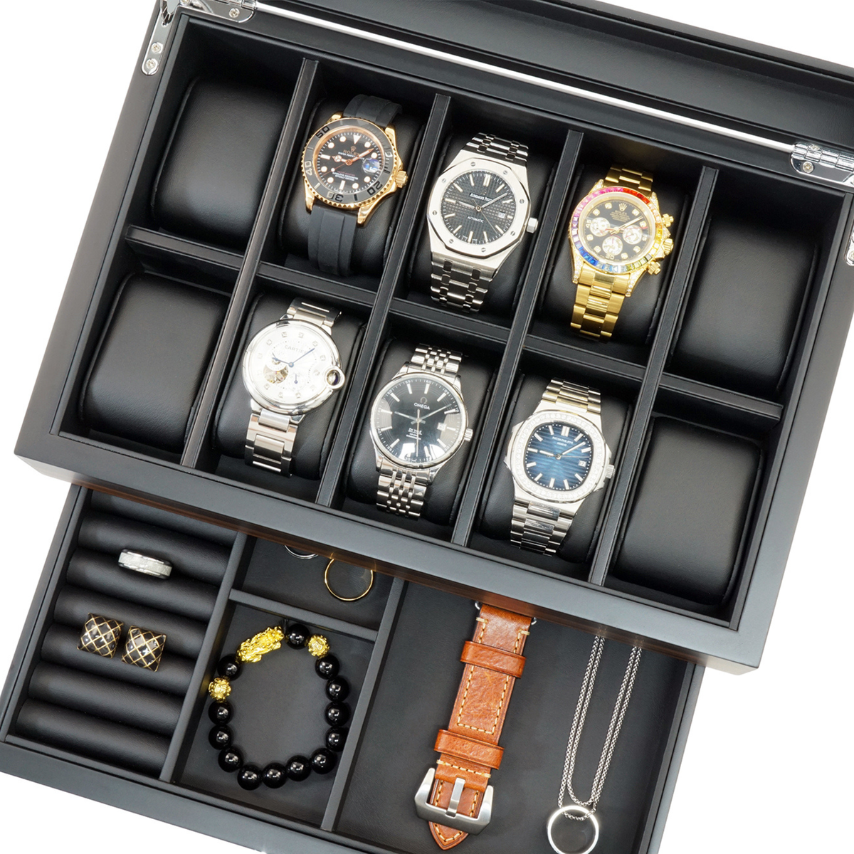 10 Slot Ebony Wood Watch Box with Drawer