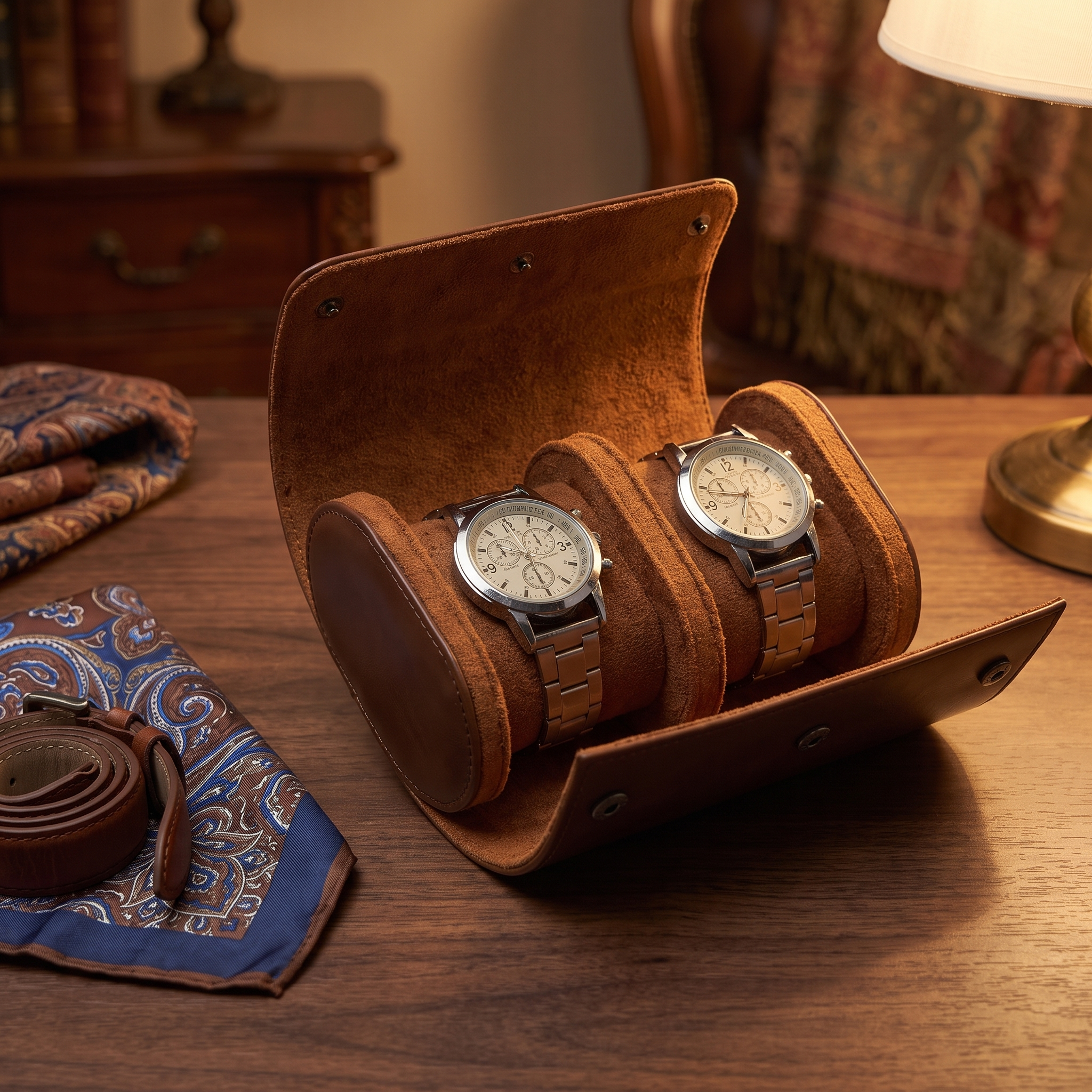 Watch Roll Case for 2 in Brown Vegan Leather — lifestyle shot