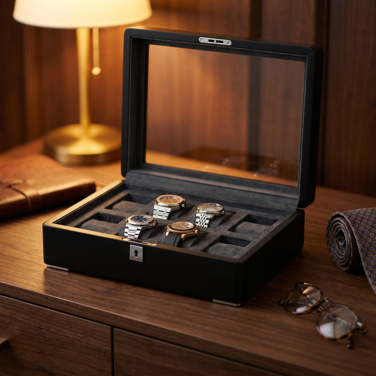 8 Slot Black Wooden Watch Box with Charcoal Interior — lifestyle shot