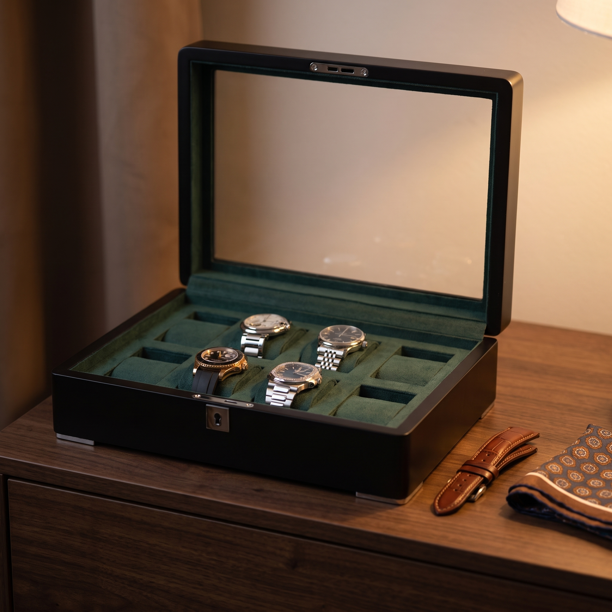 8 Slot Black Wooden Watch Box with Green Interior — lifestyle shot