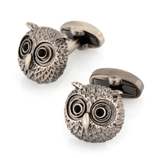 Silver Textured Owl Head Cufflinks with Black Crystal Eyes Novelty Cufflinks Clinks Australia 